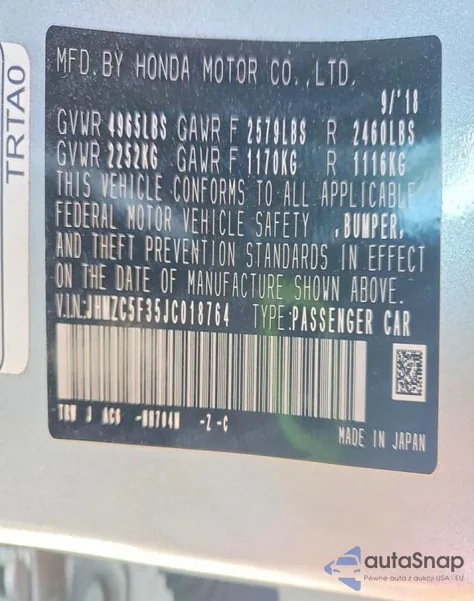 2018 Honda Clarity Touring z USA, uszkodzony, nr VIN JHMZC5F35JC018764